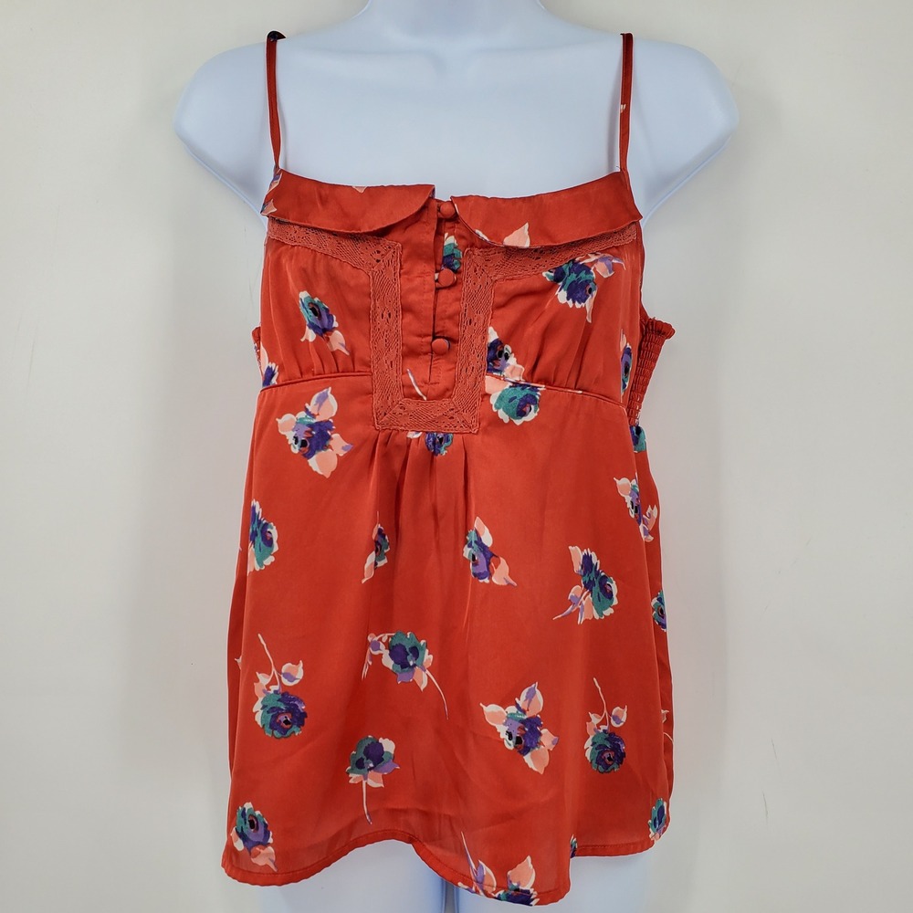 American Eagle Red Floral Satin Cami Top Smocked Back Lace Trim M Y2K Babydoll